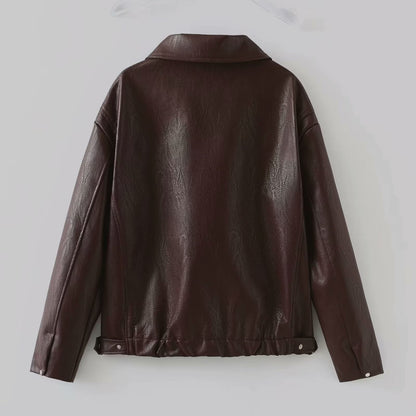 Women's Solid Color Zip-Up Leather Jacket