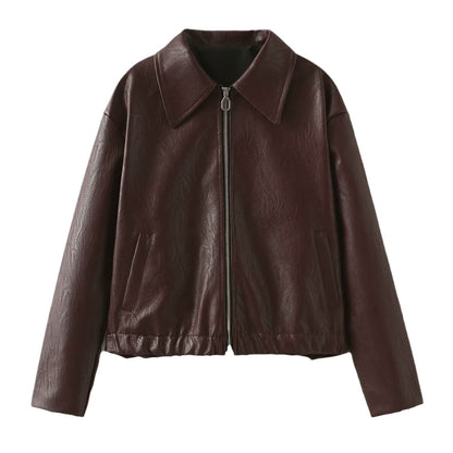 Women's Solid Color Zip-Up Leather Jacket