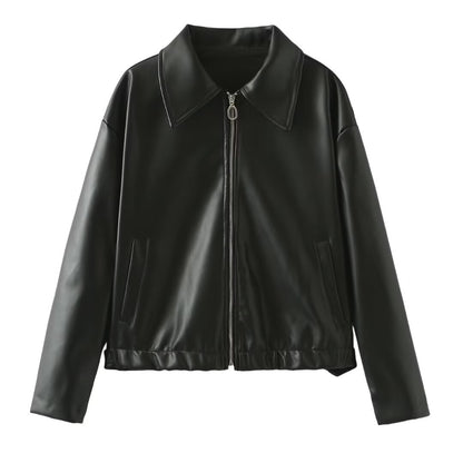 Women's Solid Color Zip-Up Leather Jacket