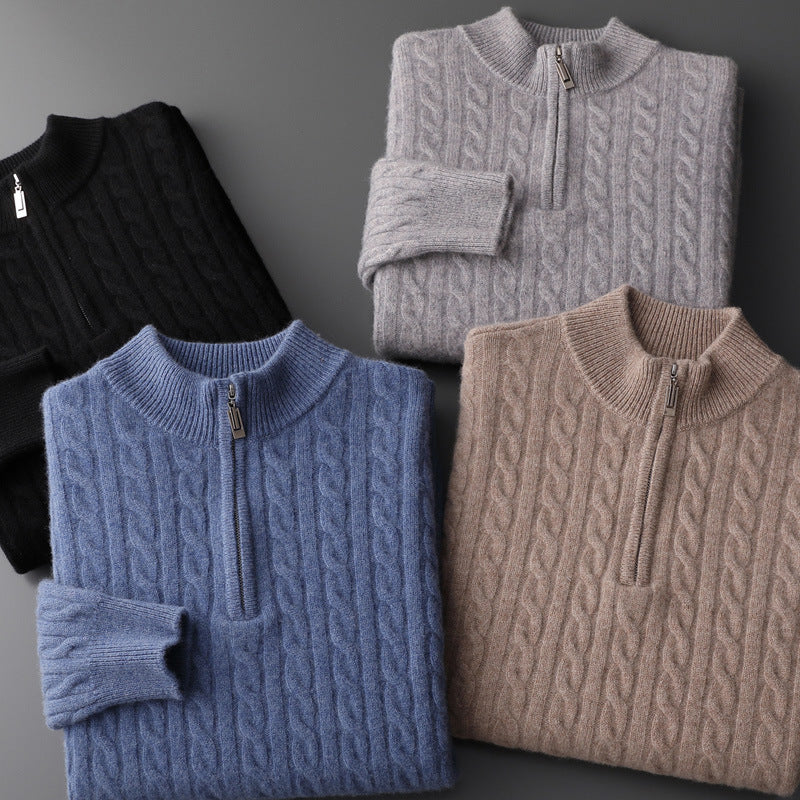 Woolen Half-High Collar Zip-Up Sweater